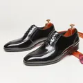 Premium men's shiny black patent leather formal shoes with retro carved square toe design - 40 / Black