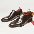 Dark brown high-shine patent leather men's Oxford shoes with retro brogue and square toe - 39 / Coffee