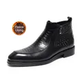 Black leather mid-top boots featuring crocodile embossing and warm plush lining - 38 / Black (Fleece Lining)