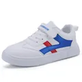 Zapatillas blancas de piel sintética para niños con rayas azules y rojas para la escuela - Blanco Azul