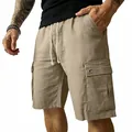 High-quality detailed view of khaki slim-fit cargo shorts with drawstring for men - Khaki