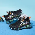 Vibrant breathable mesh boys' running shoes with graffiti design for kids aged 7-12 - Black Orange Floral
