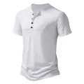 Close-up view of a men's white short-sleeved Henley shirt featuring a four-button neckline detail - S / Tops / Off White