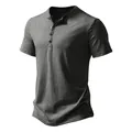 Detailed view of dark grey men's short sleeve Henley shirt with button placket and texture - S / Tops / Dark Gray