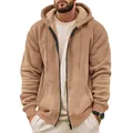 Detailed macro shot of heavy tan zip-up hoodie featuring premium textured composite fleece fabric - Khaki
