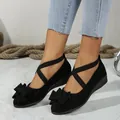 Stylish women's black suede bow flats with criss-cross elastic straps for spring/autumn - Black