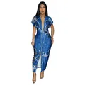 Elegant slim-fit V-neck short-sleeve dress featuring a denim print and pearl chain motif - S / Dresses / Blue