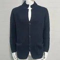 Men's waffle knit cardigan jacket with buttons in dark navy casual slim fit style - S / Tops / Navy Blue