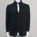 Men's black waffle-knit button-up cardigan jacket with pockets, classic casual style. - S / Tops / Black