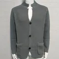 Comfortable men's grey waffle-knit cardigan jacket with suit collar and buttons - S / Tops / Gray