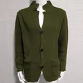 Men's casual olive green waffle knit cardigan jacket with lapel collar and buttons - S / Tops / Army Green