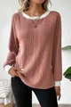 Detailed view of the mauve ribbed knit sweater featuring white contrasting collar and cuffs - S / Tops / Coral