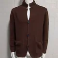 Men's brown waffle knit cardigan sweater with lapel collar and buttons - Coffee