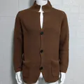 Men's brown waffle knit cardigan sweater jacket with buttons and large pockets - Khaki