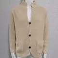 Men's stylish beige waffle knit cardigan sweater jacket featuring three black buttons and pockets - Off White