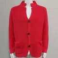 Vibrant red waffle knit cardigan sweater for men featuring a blazer collar and buttons - Deep Pink
