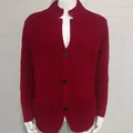 Stylish men's oversized dark red waffle knit cardigan sweater with buttons and pockets - Red