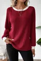 Detail of red ribbed long sleeve sweater with white contrasting collar and cuffs. - S / Tops / Burgundy
