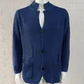 Men's blue waffle knit cardigan sweater with stylish lapel collar and button closure - Blue