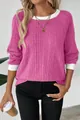 Detailed texture of pink ribbed knit sweater with white trim neckline - Rose Red