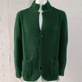 Casual men's plus size dark green knit cardigan jacket with stylish suit collar design - Green