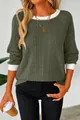 Detailed view of women's olive green ribbed sweater with white contrast collar - Dark Green