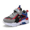 Side view of boys color-block running sneakers featuring grey, blue and red panels - 28 / Leather Surface Style (1910 Kids Shoes) / Black Red