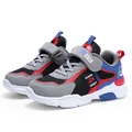 Detailed side view of boys' color-block sports sneakers featuring mesh and Velcro straps. - 28 / Mesh Surface Style (1910 Kids Shoes) / Black Red