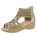Elegant gold Roman wedge sandals featuring rhinestone studded cutout straps for women - 35 / Gold