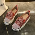 Mocassins à plateforme en paillettes rouges avec nœud en strass pour femmes élégantes - Rouge