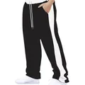 Side view of black loose sweatpants with contrasting white stripe and drawstring - S / Bottoms / Black