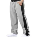 Detailed view of grey men's sports pants with black side stripes and drawstring - S / Bottoms / Light Gray