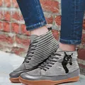 Retro high-top boots with unique black cat print and classic striped design for women - 38 / Gray (Cat Pattern)
