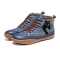 Retro blue high-top casual boots featuring a cute black cat print and white stripes - 38 / Blue (Cat Pattern)