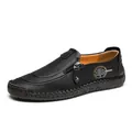 Lässige schwarze Slipper für Herren aus Leder mit Reißverschluss und Handnähten - 38 / Schwarz