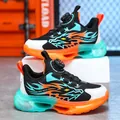 Boys' athletic sneakers with BOA knob system and breathable mesh flame design shoes - Size 28 (Inner Length 18cm) / Black Orange (Double Mesh)