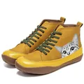 Retro mustard yellow high-top Martin boots featuring green laces and a cute cat print. - 39 / Yellow Cat