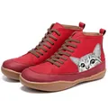 Detailed side view of red retro high-top boots featuring a cute cat face print - 35 / Red Cat