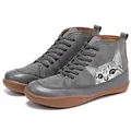 Side view detail of grey high-top Martin boots featuring a cute tabby cat print. - 35 / Gray Cat