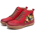 Close-up view of retro red high-top boots featuring a whimsical cat pattern print - 35 / Red