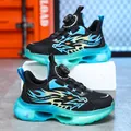 Boys' sports shoes with rotary buckle and dragon flame pattern in blue and black. - Size 28 (Inner Length 18cm) / Black Blue (Double Mesh)