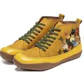 Retro mustard yellow high-top Martin boots featuring colorful cartoon cat print for women - 35 / Yellow (Cat Pattern)