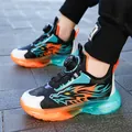 New 2024 boy's sneakers with dial lacing system, breathable mesh and chunky sole - Size 28 (Inner Length 18cm) / Black Orange (Leather Surface)
