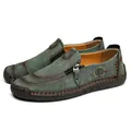Men's casual vintage green loafers with side zipper and hand-stitched detailing. - Green