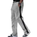 Close-up detail of men's grey heather sweatpants with black side stripes and relaxed fit. - Light Gray