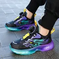 High-quality kids' athletic sneakers with vibrant dragon pattern and rotary buckle - Size 28 (Inner Length 18cm) / Black Purple (Leather Surface)