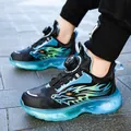 Boys lightweight athletic sports shoes with rotary buckle closure and dragon print - Size 28 (Inner Length 18cm) / Black Blue (Leather Surface)