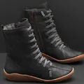 Vintage style minimalist black leather boots with side zipper and gray laces for women - 35 / Black