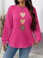 Detailed view of pink waffle knit sweatshirt with three heart graphics and curved hem - 3XL / Tops / Rose Red Khaki Heart