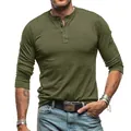 Detail shot of a men's olive green long sleeve cotton Henley shirt with a three-button placket - S / Tops / Army Green